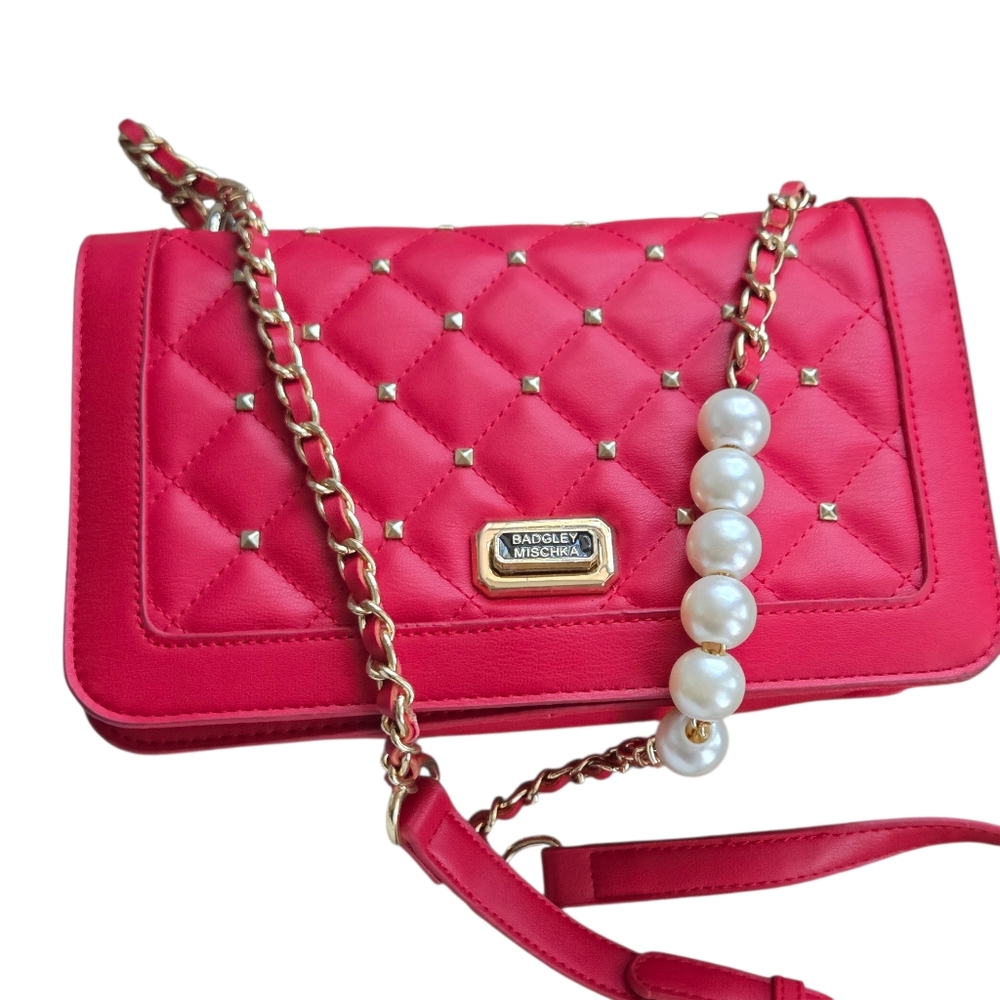 Badgley Mischka Red Quilted Vegan Leather Studded Crossbody Bag w/Gold Chain